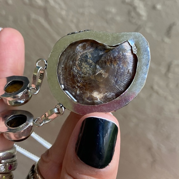 925 sterling silver overlay genuine fossil shell ammonite & tiger eye necklace - Picture 6 of 16